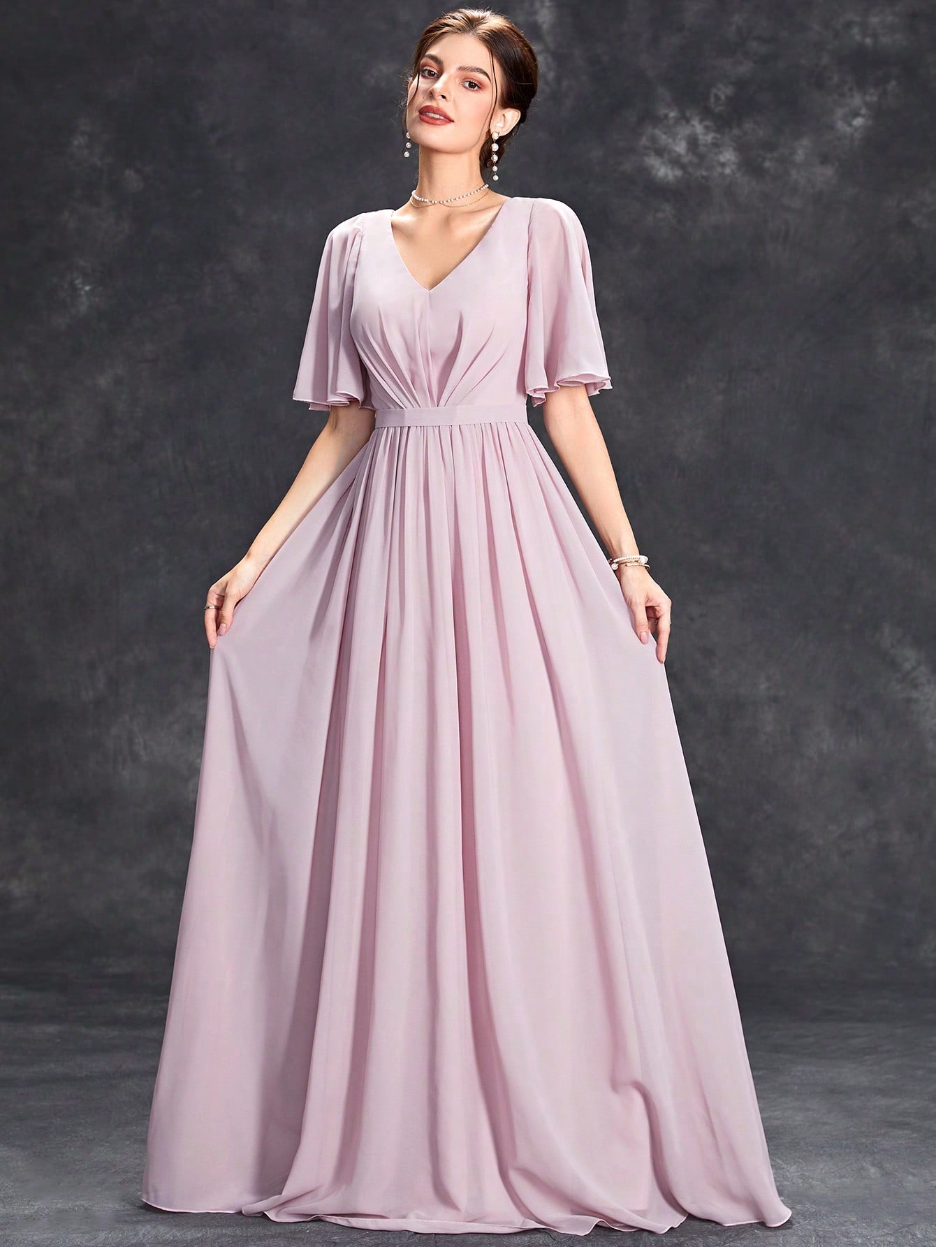Leely Elegant V Neck Flare Sleeve Evening Gown