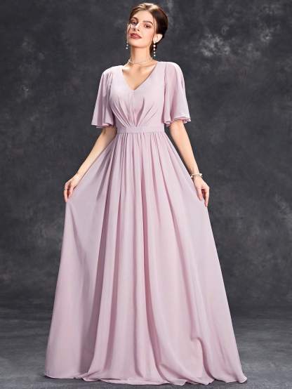 Leely Elegant V Neck Flare Sleeve Evening Gown