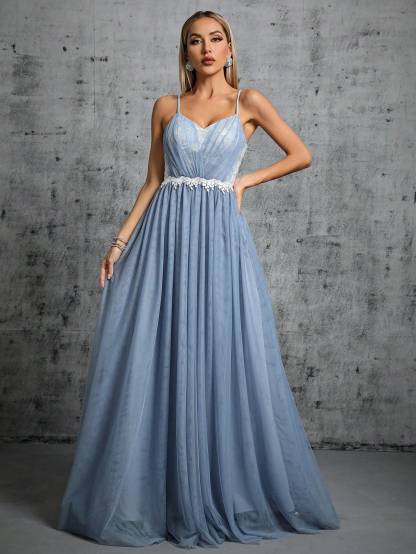 Leely Elegant Spaghetti Straps Sleeveless A Line Evening Gown