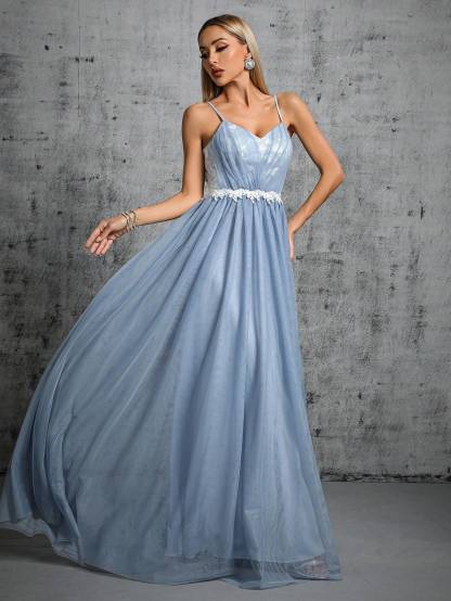 Leely Elegant Spaghetti Straps Sleeveless A Line Evening Gown