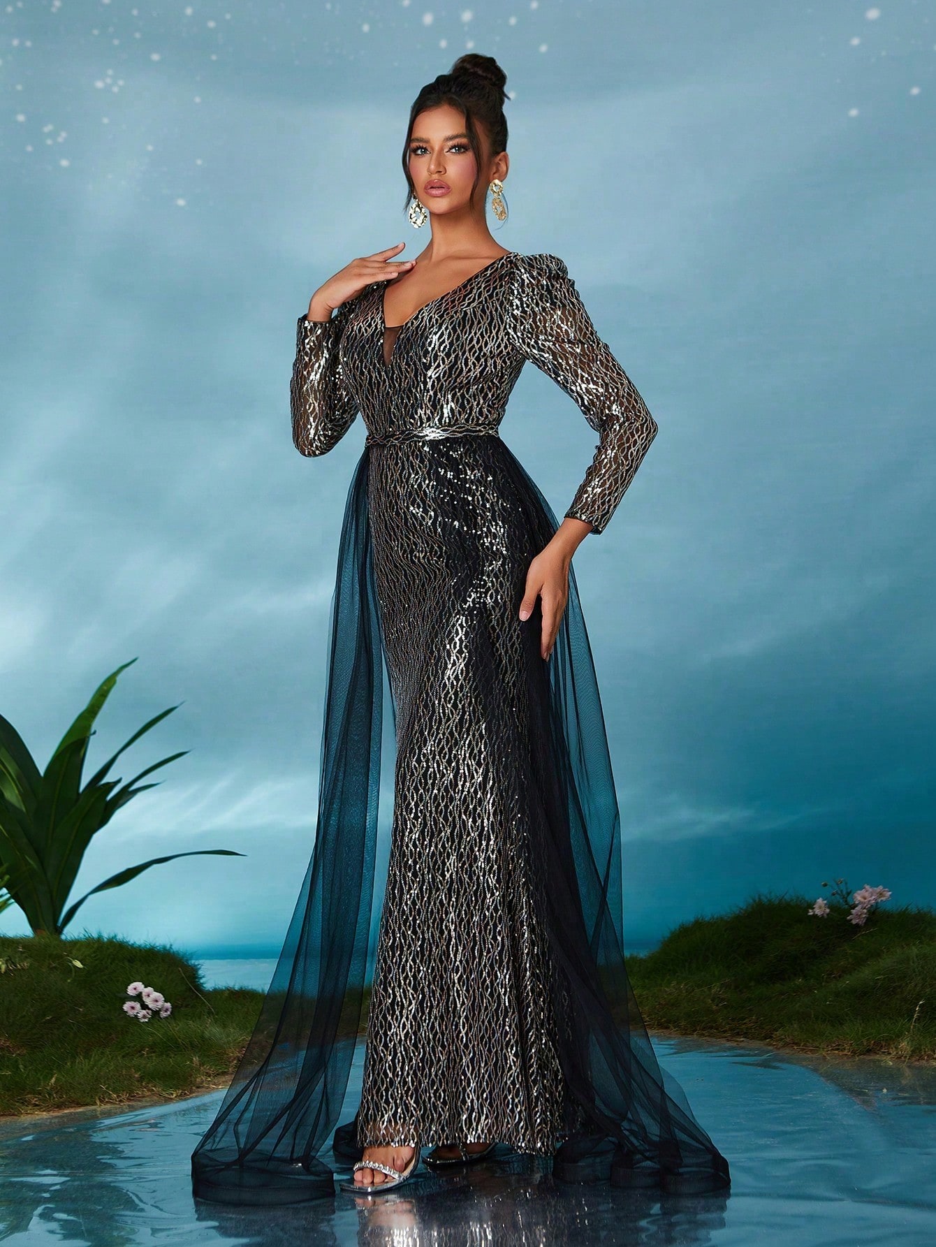 Leely Women's Elegant V Neck Long Sleeve Prom Dress