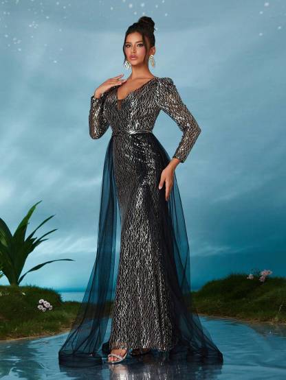 Leely Women's Elegant V Neck Long Sleeve Prom Dress