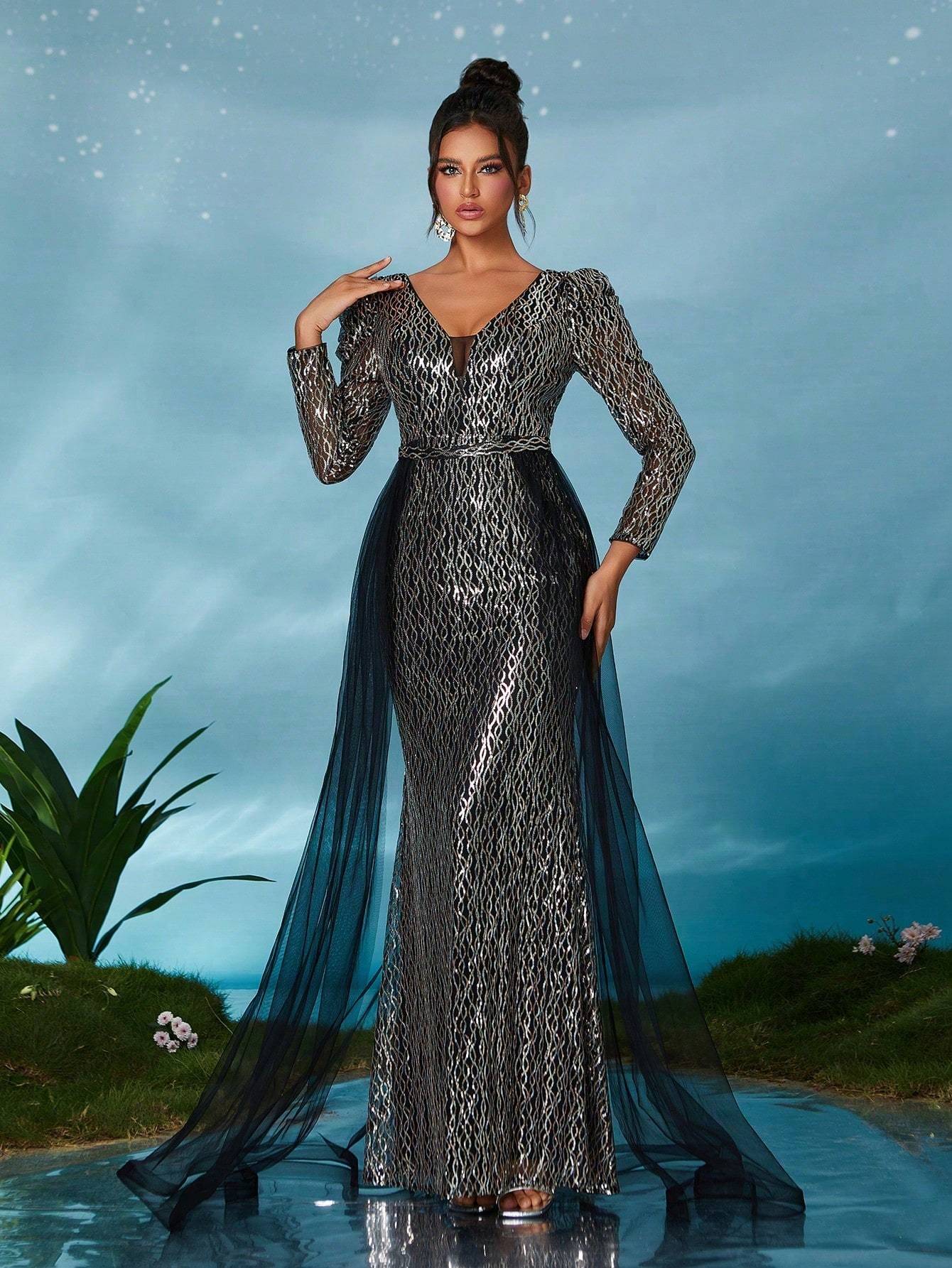 Leely Women's Elegant V Neck Long Sleeve Prom Dress