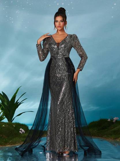 Leely Women's Elegant V Neck Long Sleeve Prom Dress
