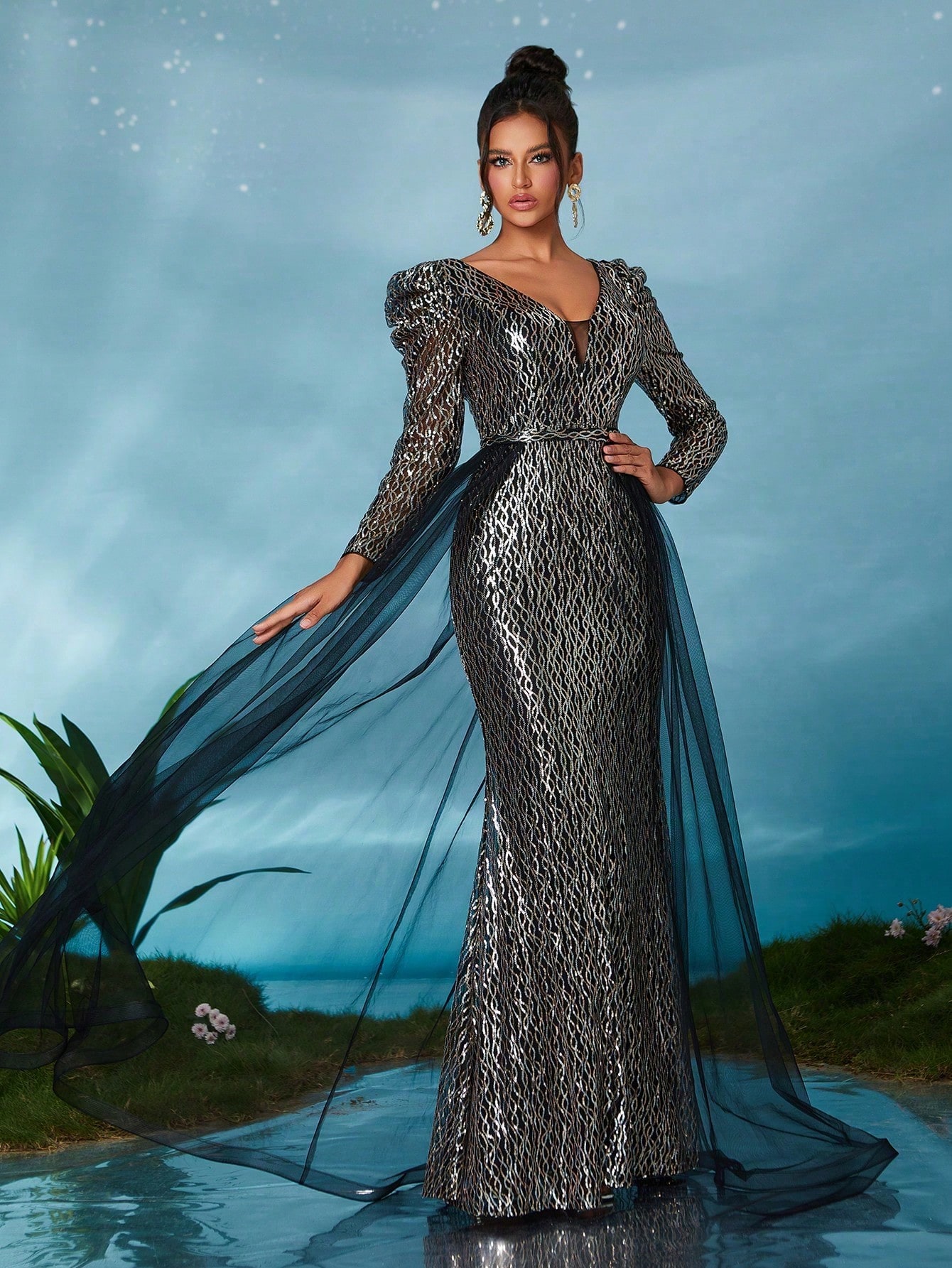 Leely Women's Elegant V Neck Long Sleeve Prom Dress