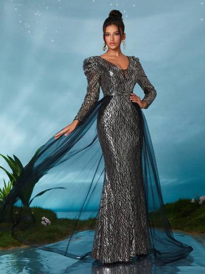 Leely Women's Elegant V Neck Long Sleeve Prom Dress