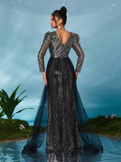 Leely Women's Elegant V Neck Long Sleeve Prom Dress