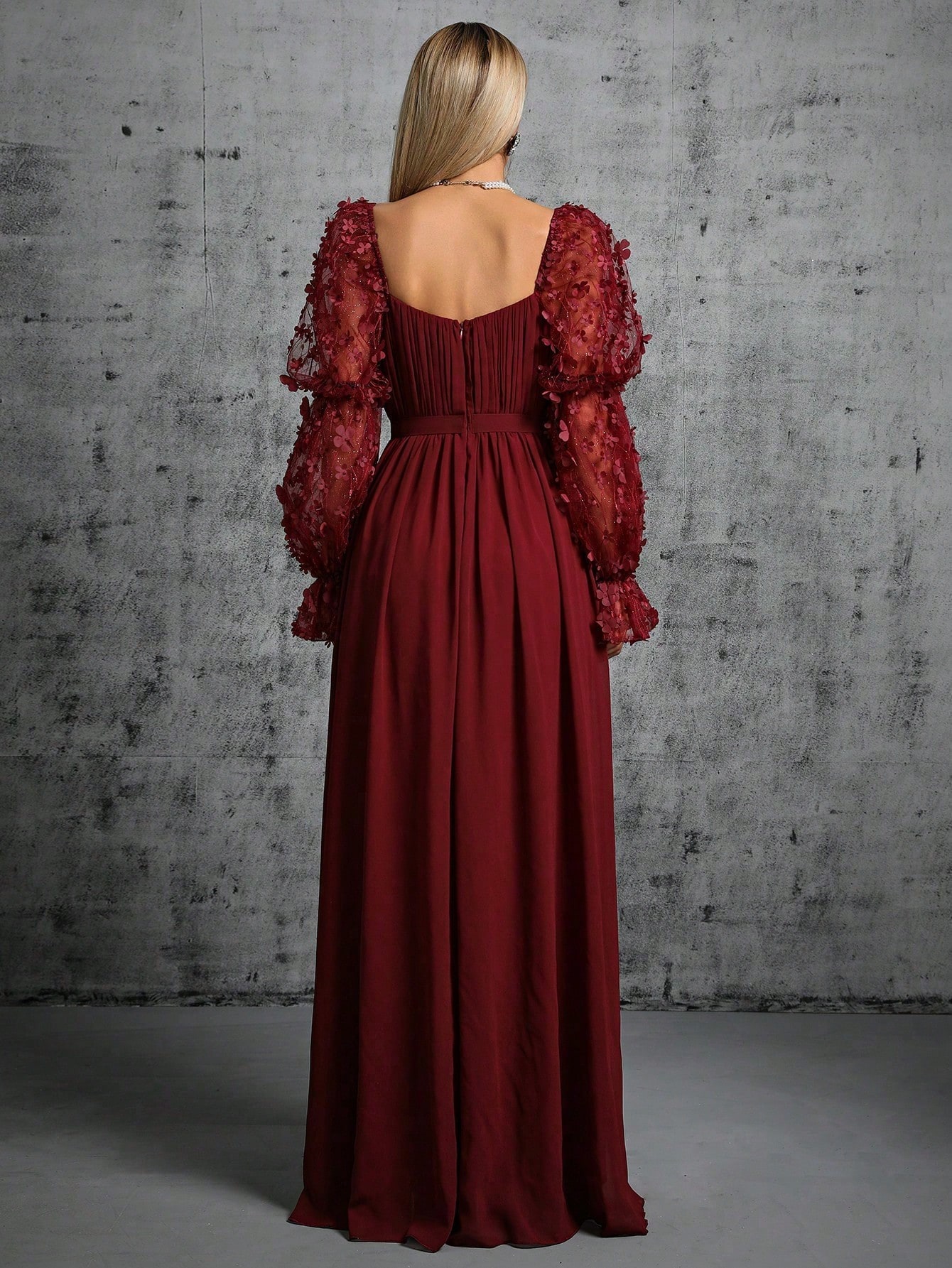 Leely Elegant Square Neck Bishop Sleeve A Line Evening Gown