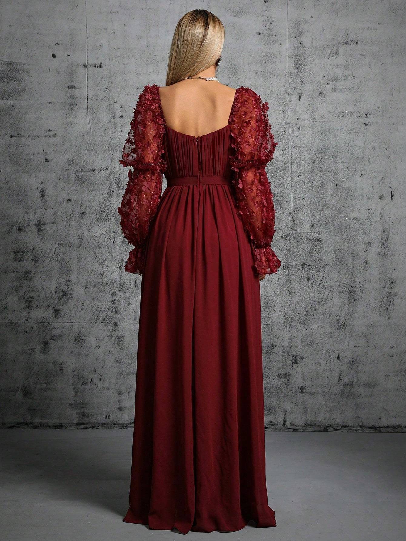 Leely Elegant Square Neck Bishop Sleeve A Line Evening Gown