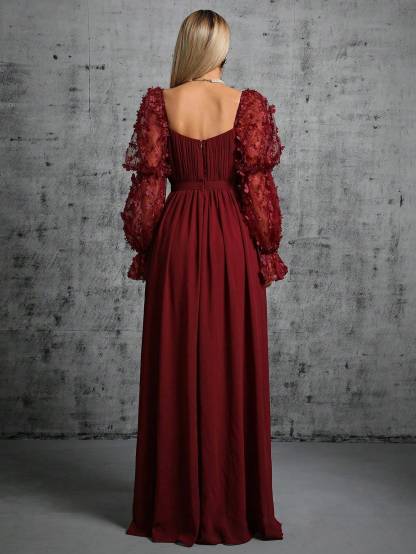 Leely Elegant Square Neck Bishop Sleeve A Line Evening Gown