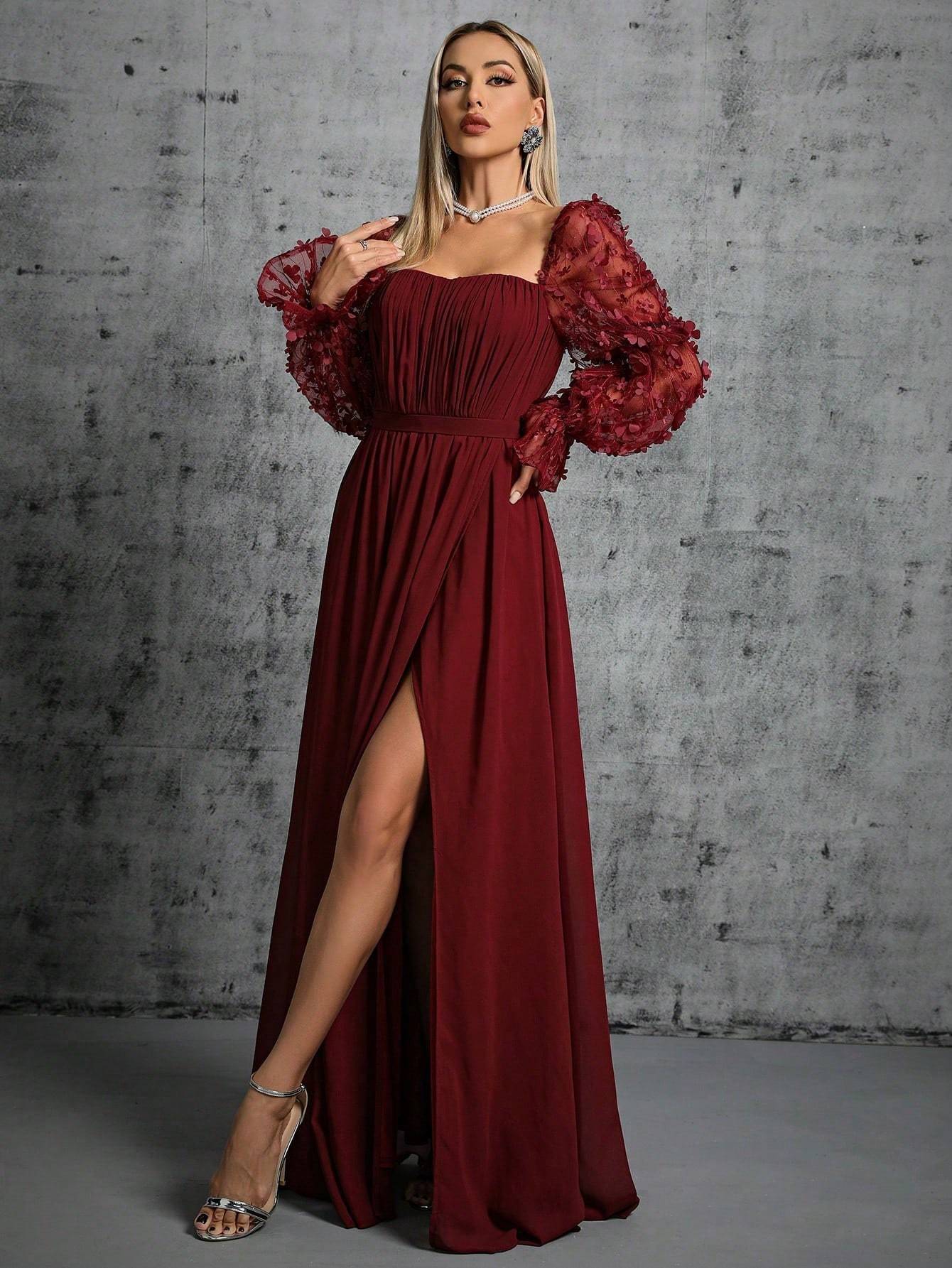 Leely Elegant Square Neck Bishop Sleeve A Line Evening Gown