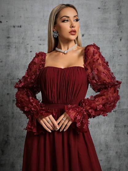 Leely Elegant Square Neck Bishop Sleeve A Line Evening Gown
