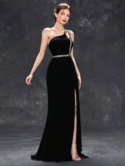 Leely Elegant One Shoulder Sleeveless Evening Gown