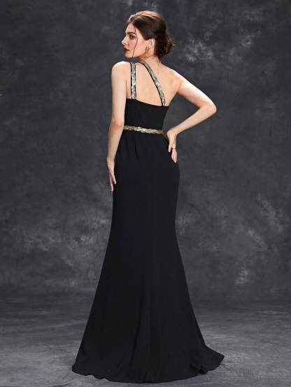 Leely Elegant One Shoulder Sleeveless Evening Gown