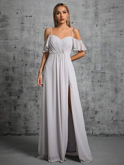 Leely Elegant Spaghetti Straps Cold Shoulder Evening Gown
