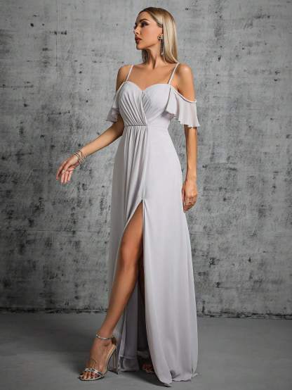 Leely Elegant Spaghetti Straps Cold Shoulder Evening Gown