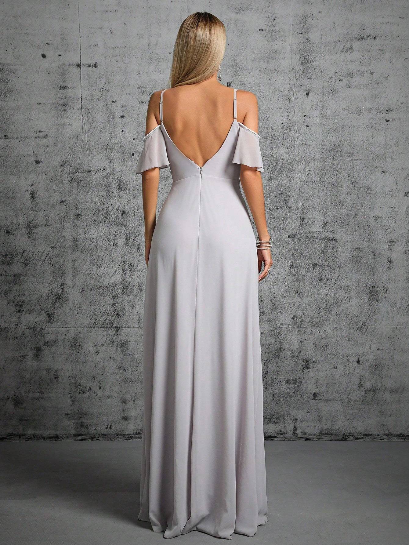 Leely Elegant Spaghetti Straps Cold Shoulder Evening Gown