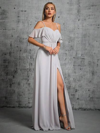 Leely Elegant Spaghetti Straps Cold Shoulder Evening Gown