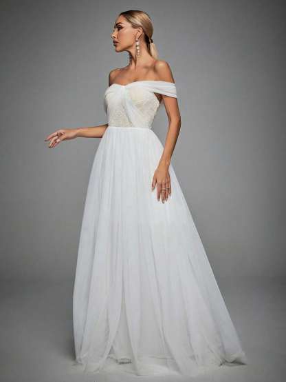 Leely Elegant Off The Shoulder Sleeveless A Line Evening Gown
