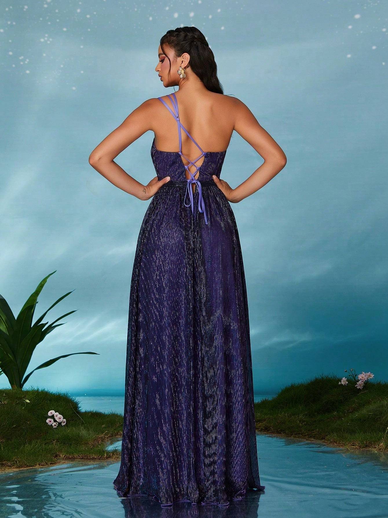 Leely Elegant One-Shoulder High Slit Sequin Evening Gown