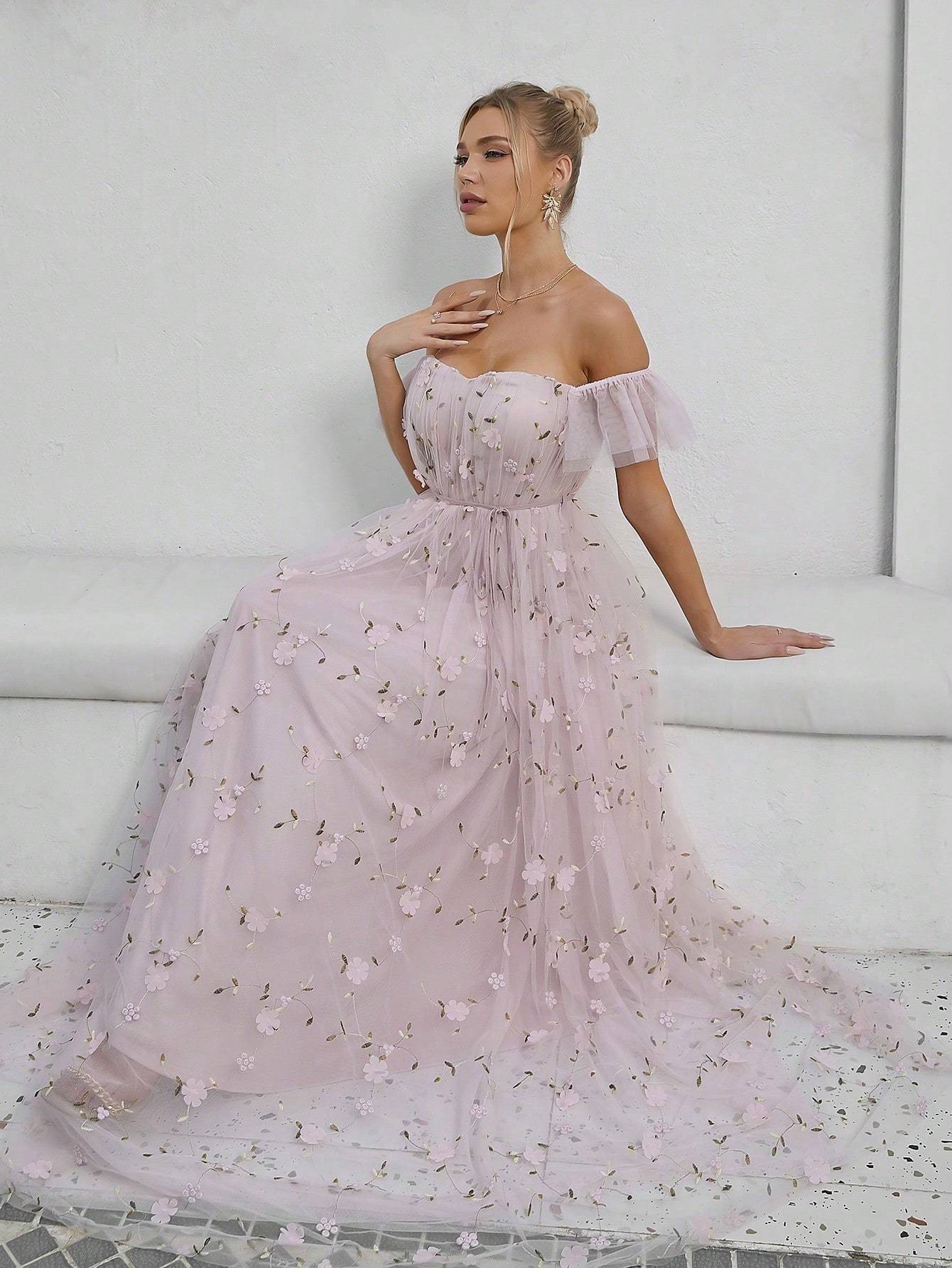 Leely Elegant Off The Shoulder Sleeveless A Line Evening Gown
