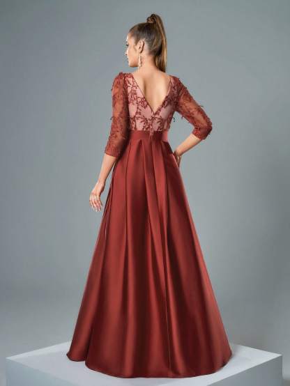 Leely Elegant V Neck Three Quarter Length Sleeve Evening Gown
