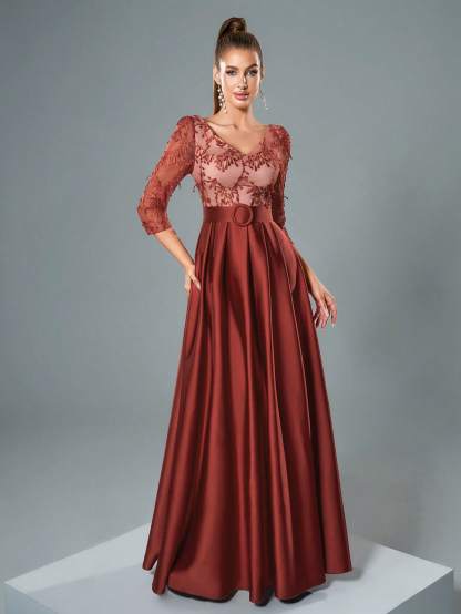 Leely Elegant V Neck Three Quarter Length Sleeve Evening Gown