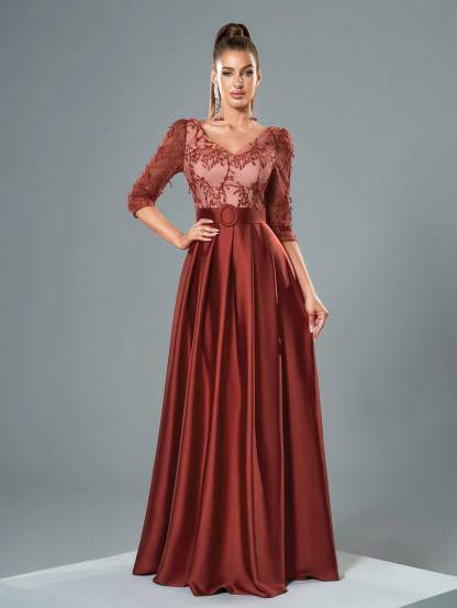 Leely Women's Elegant Sweetheart Cloak Sleeve Lace A-Line Dress