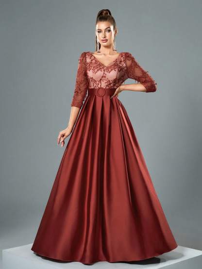 Leely Elegant V Neck Three Quarter Length Sleeve Evening Gown