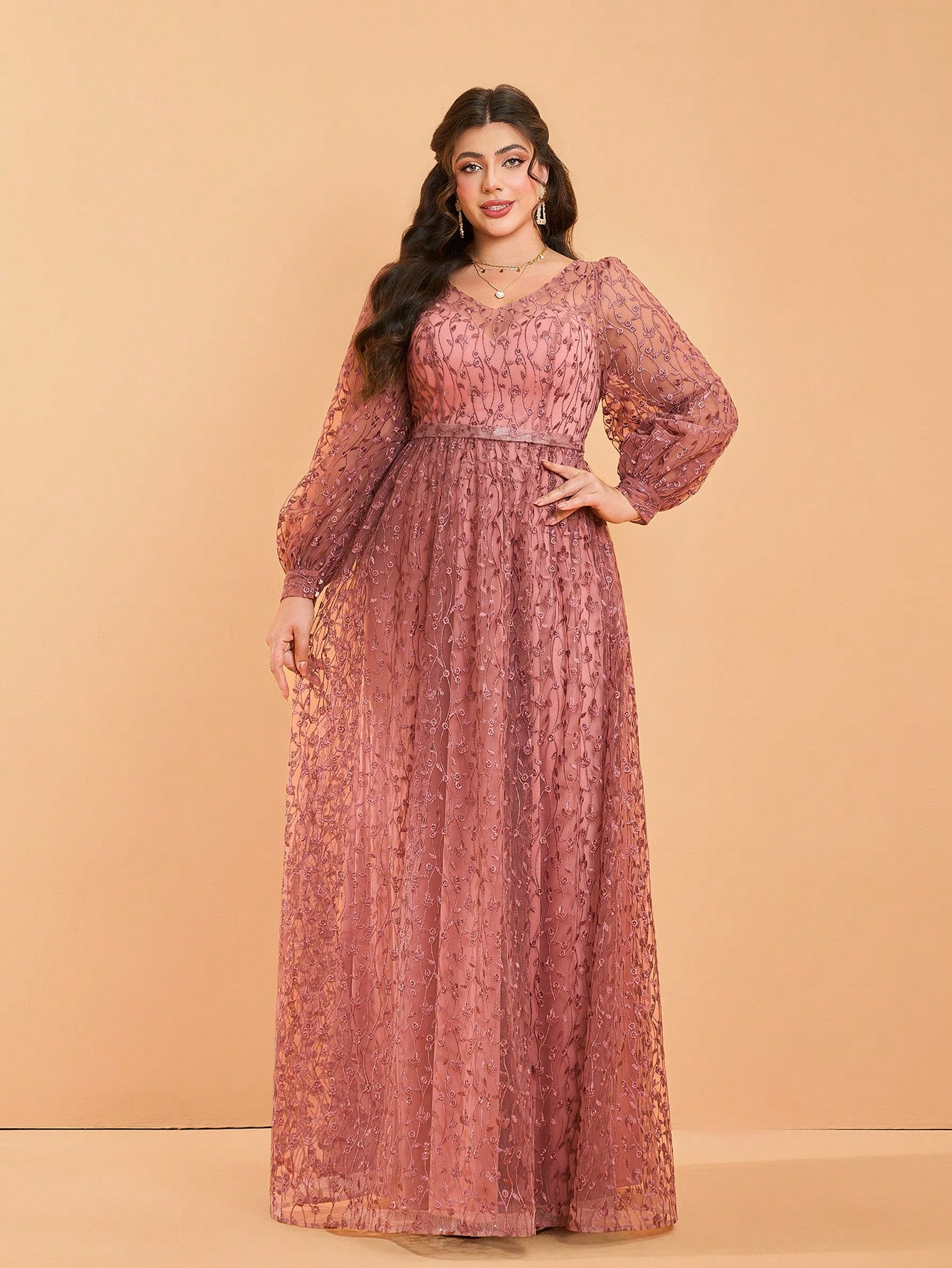 Leely Plus Women's V Neck Long Sleeve A‑Line Party Dress