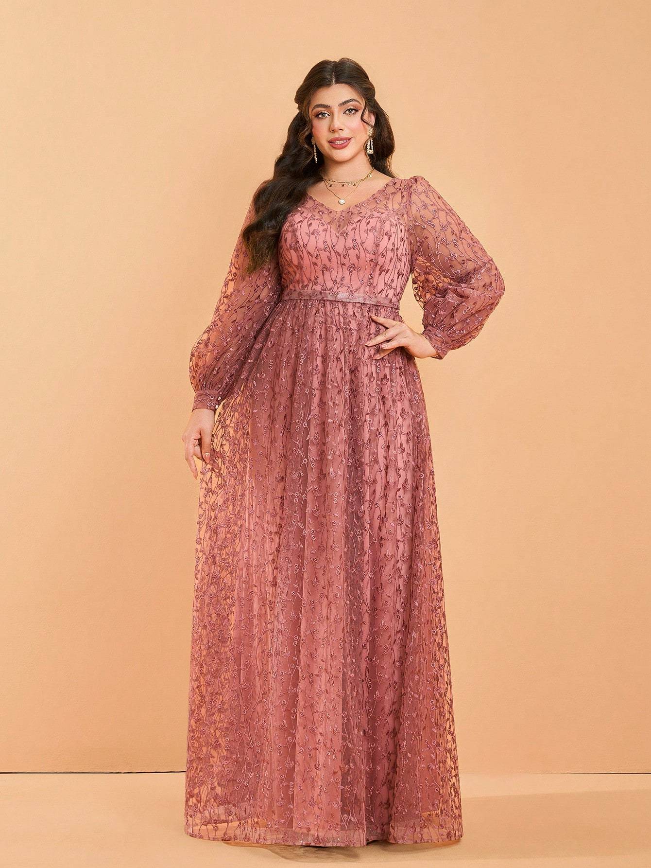 Leely Plus Women's V Neck Long Sleeve A‑Line Party Dress