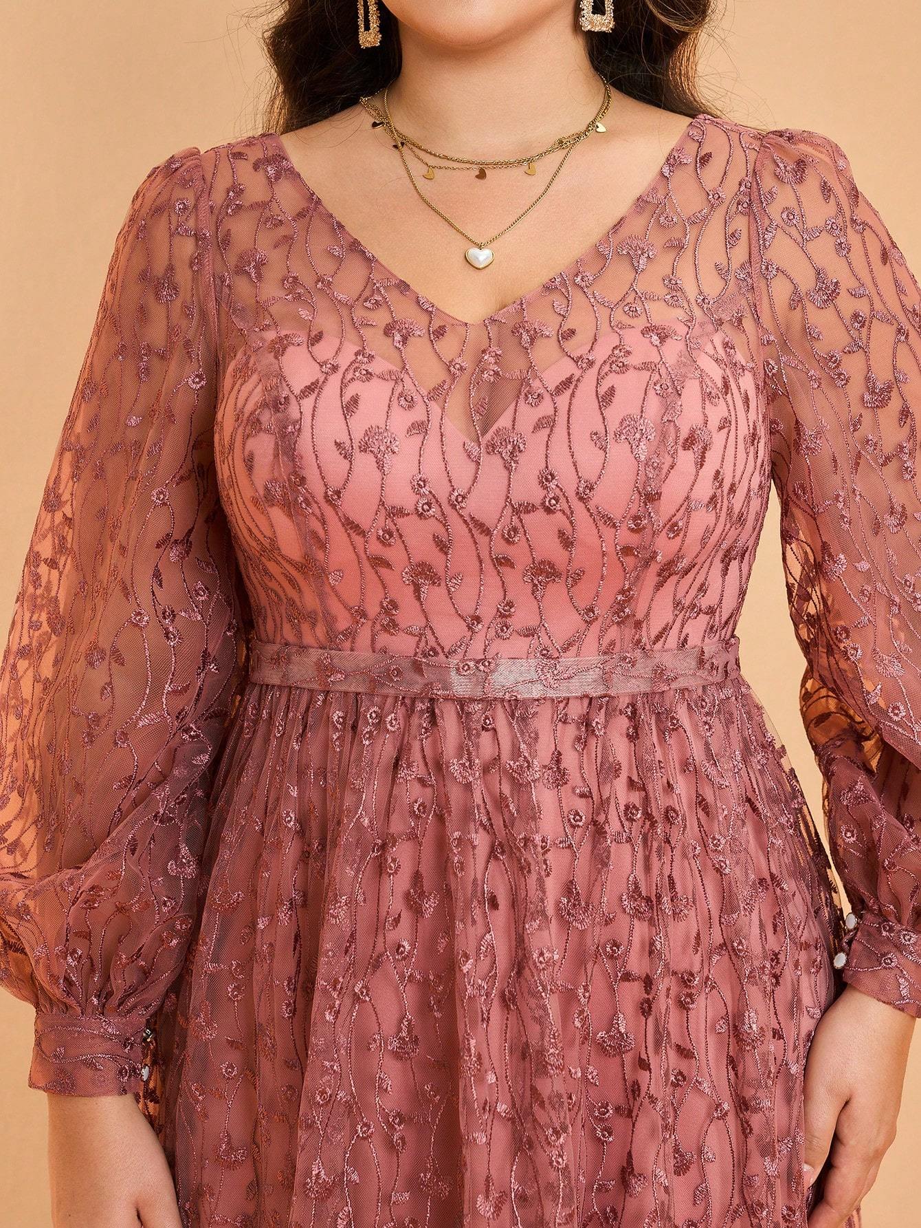 Leely Plus Women's V Neck Long Sleeve A‑Line Party Dress