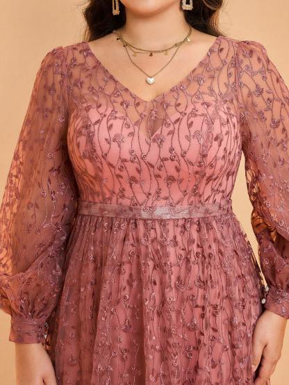 Leely Plus Women's V Neck Long Sleeve A‑Line Party Dress