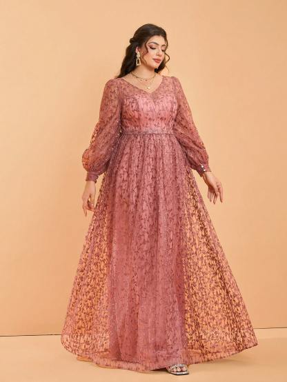 Leely Plus Women's V Neck Long Sleeve A‑Line Party Dress