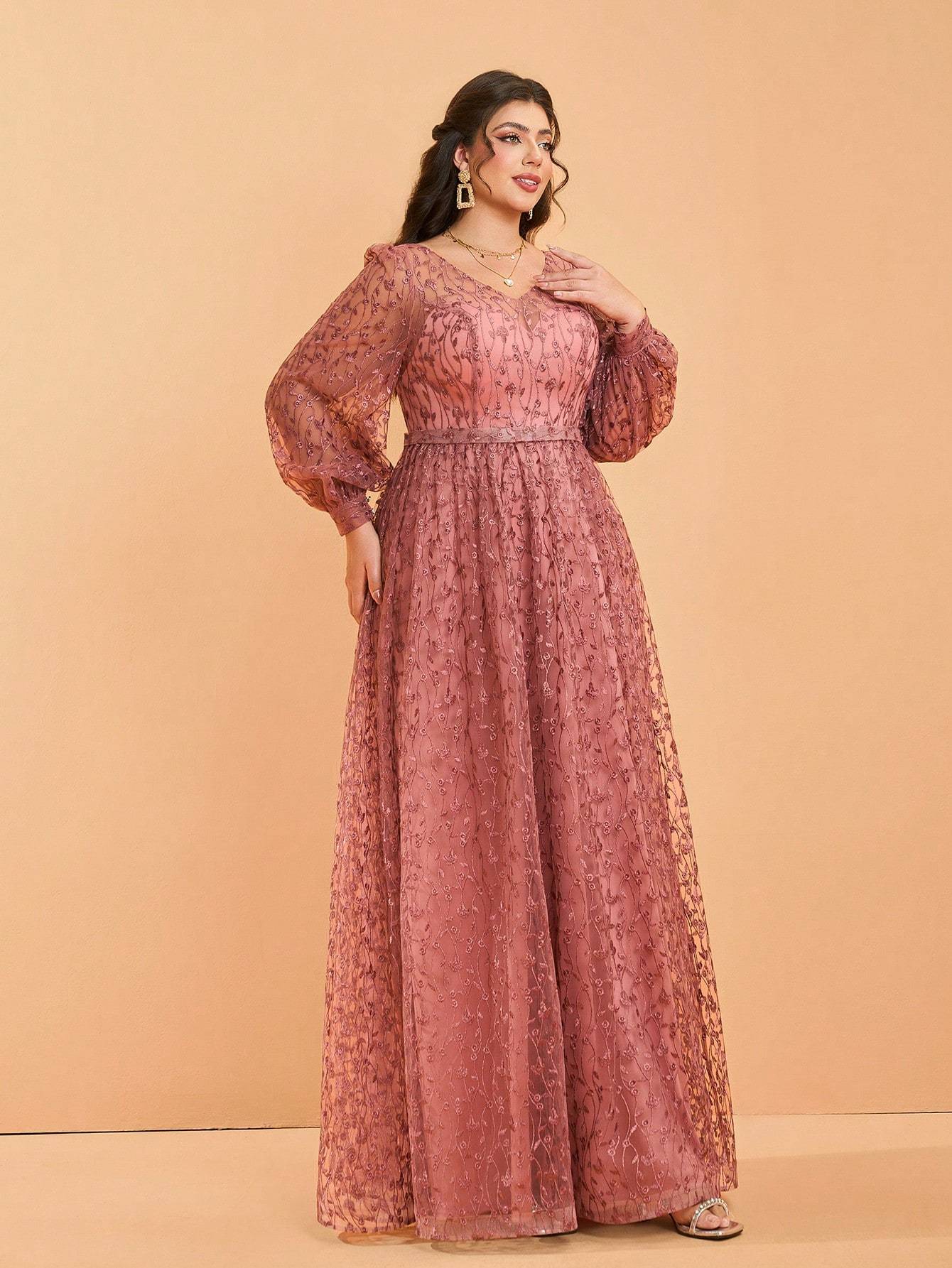 Leely Plus Women's V Neck Long Sleeve A‑Line Party Dress