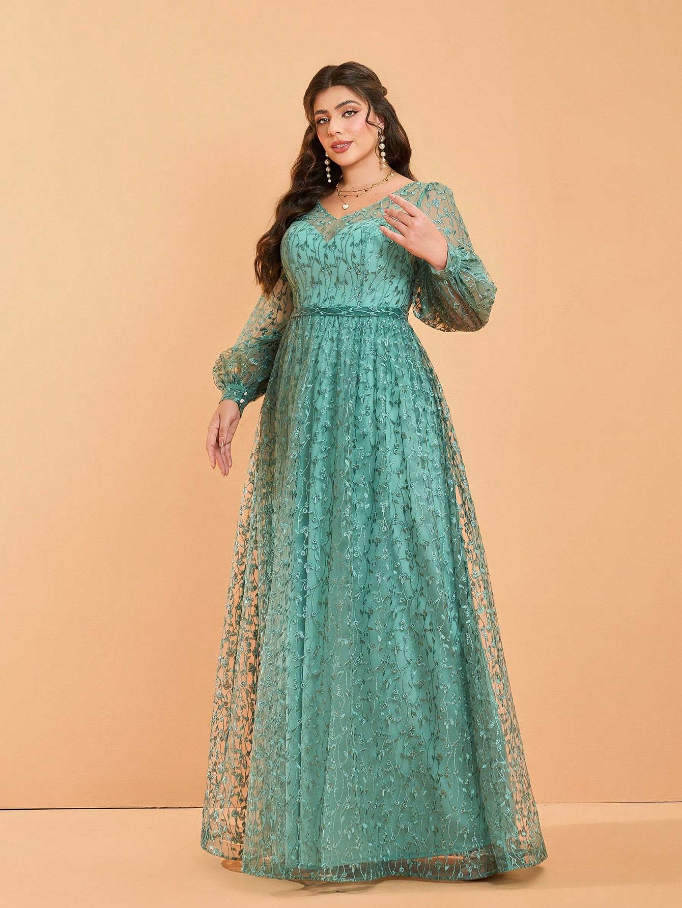 Leely Plus Women's V Neck Long Sleeve A‑Line Party Dress