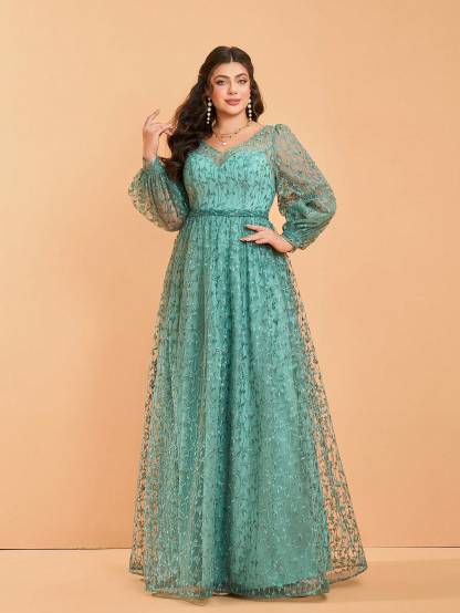 Leely Plus Women's V Neck Long Sleeve A‑Line Party Dress