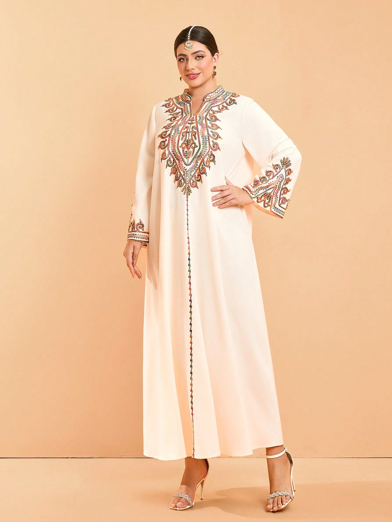 Leely Plus Middle East Arabic Muslim Abaya Women's Loose Long Sleeve Notched Embroidery Maxi Dress