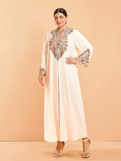 Leely Plus Middle East Arabic Muslim Abaya Women's Loose Long Sleeve Notched Embroidery Maxi Dress