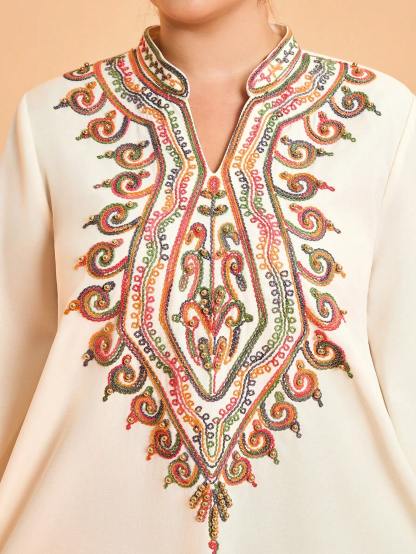 Leely Plus Middle East Arabic Muslim Abaya Women's Loose Long Sleeve Notched Embroidery Maxi Dress