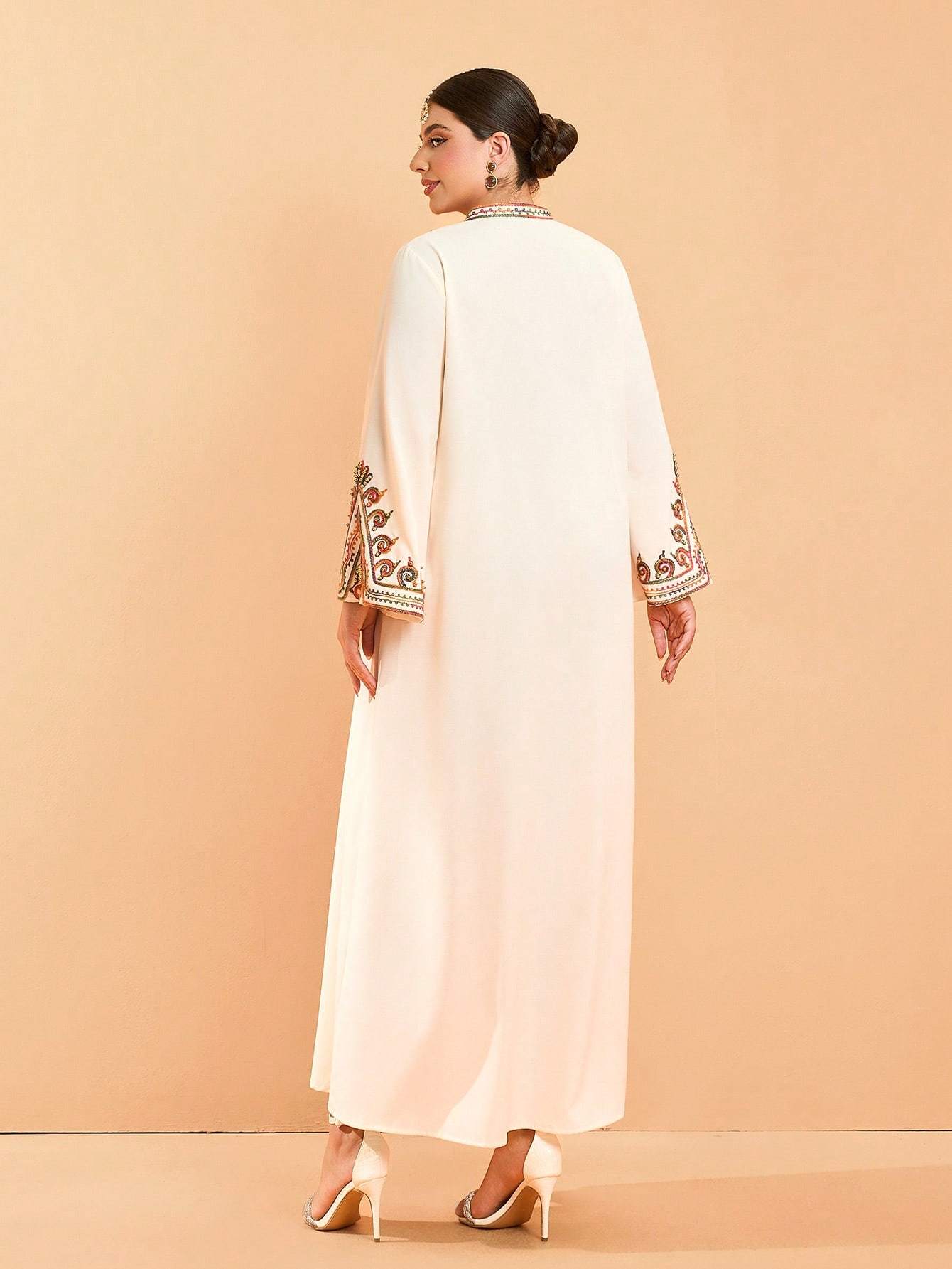 Leely Plus Middle East Arabic Muslim Abaya Women's Loose Long Sleeve Notched Embroidery Maxi Dress