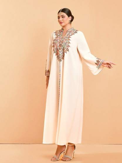 Leely Plus Middle East Arabic Muslim Abaya Women's Loose Long Sleeve Notched Embroidery Maxi Dress