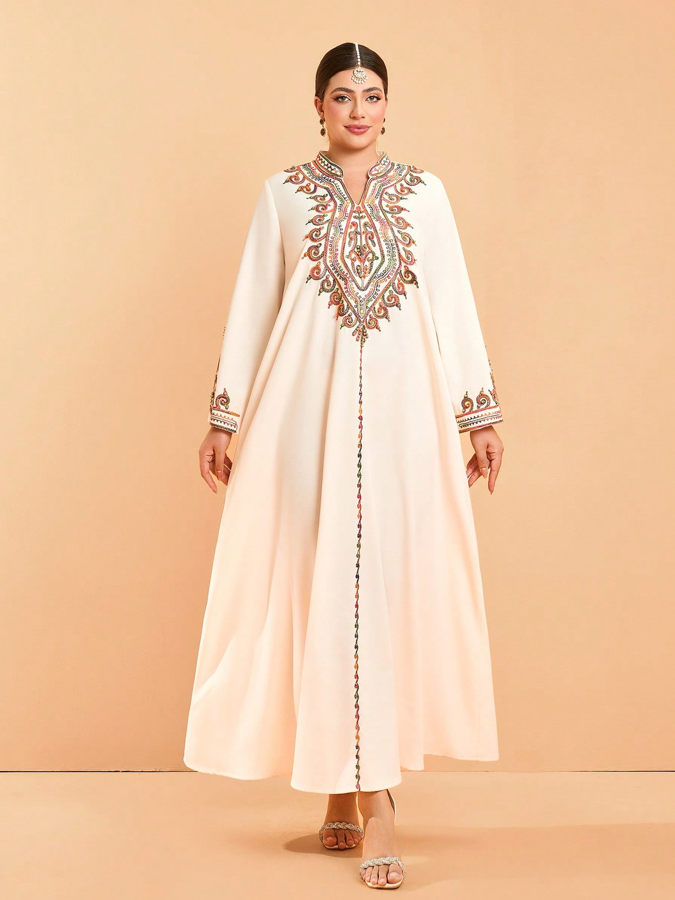 Leely Plus Middle East Arabic Muslim Abaya Women's Loose Long Sleeve Notched Embroidery Maxi Dress