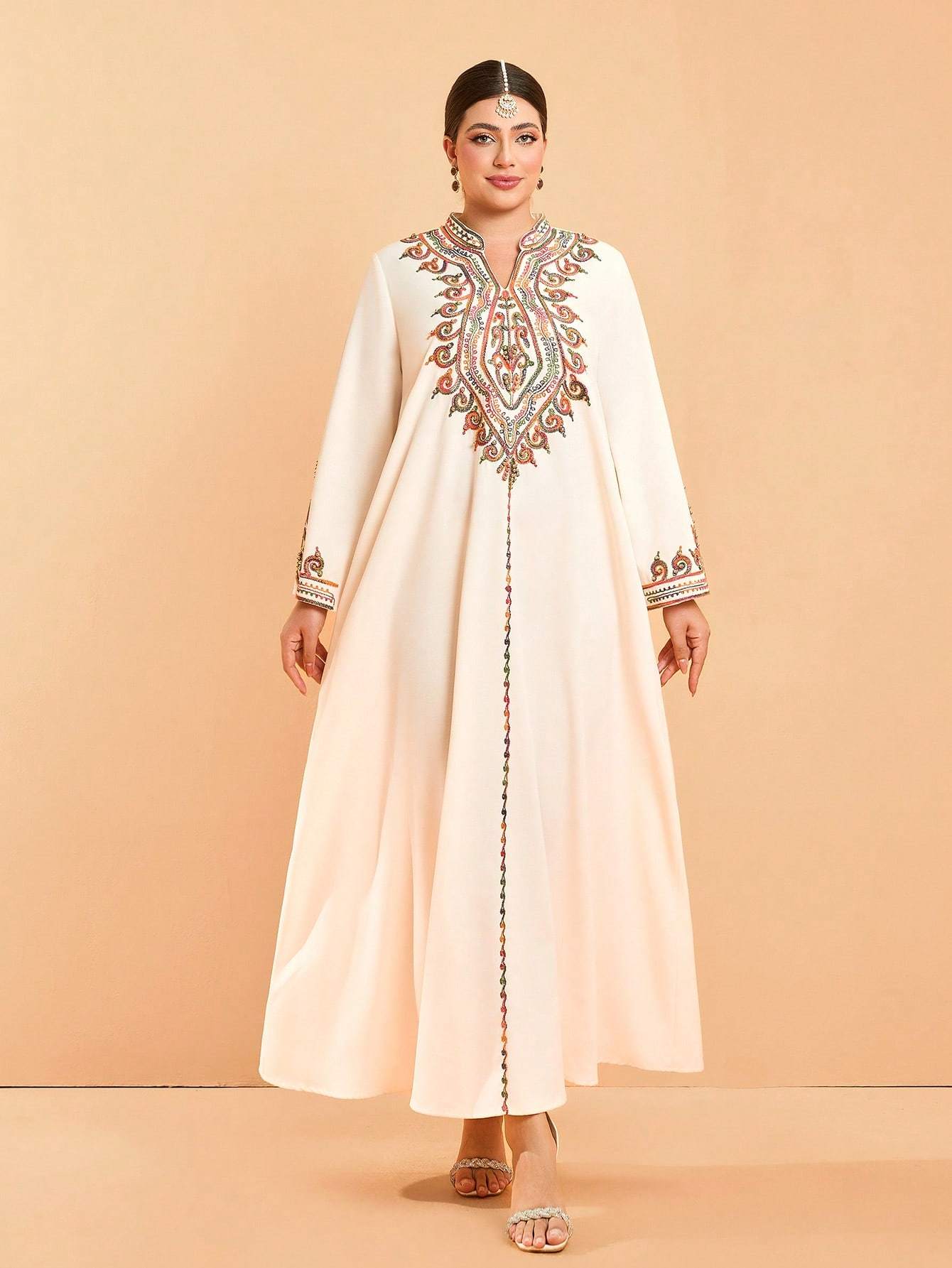 Leely Plus Middle East Arabic Muslim Abaya Women's Loose Long Sleeve Notched Embroidery Maxi Dress