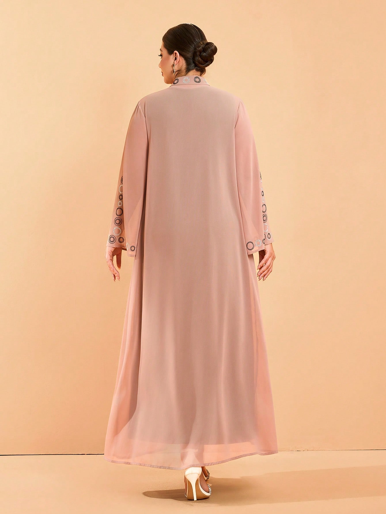 Leely Plus Middle East Arabic Muslim Turkish Abaya | Women's Loose Long Sleeve Stand Collar Hot-Fix Rhinestone Cardigan Robe