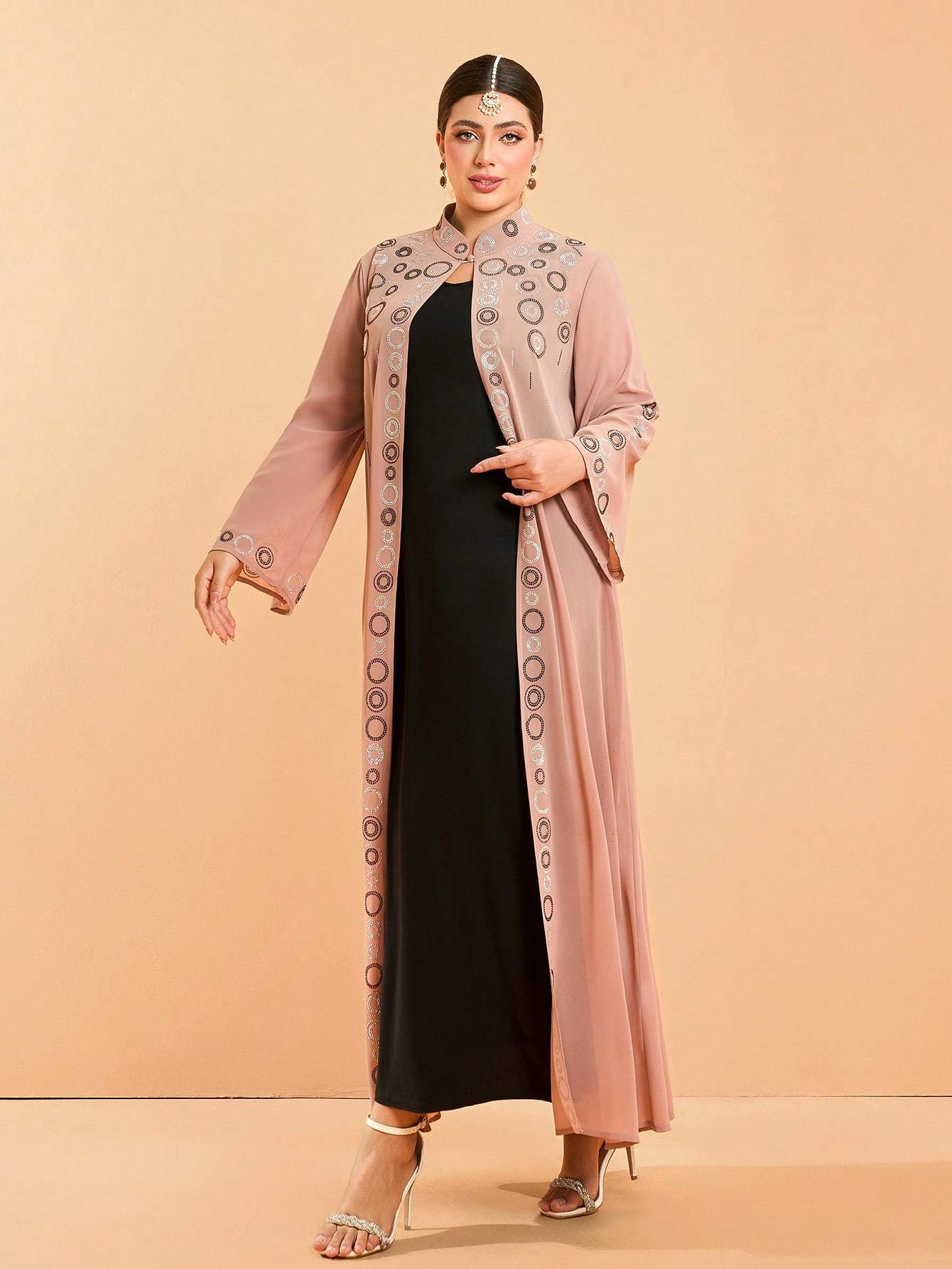 Leely Plus Middle East Arabic Muslim Turkish Abaya | Women's Loose Long Sleeve Stand Collar Hot-Fix Rhinestone Cardigan Robe