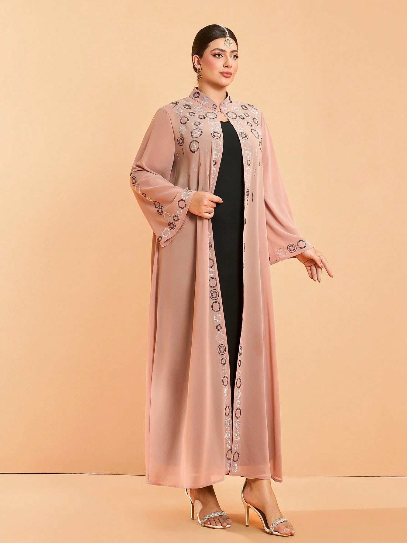 Leely Plus Middle East Arabic Muslim Turkish Abaya | Women's Loose Long Sleeve Stand Collar Hot-Fix Rhinestone Cardigan Robe