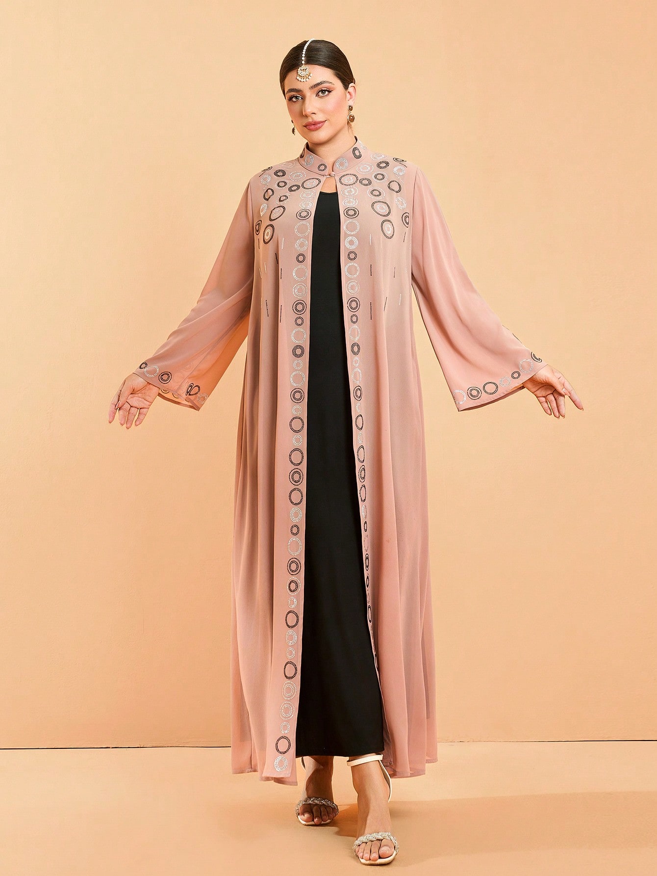 Leely Plus Middle East Arabic Muslim Turkish Abaya | Women's Loose Long Sleeve Stand Collar Hot-Fix Rhinestone Cardigan Robe