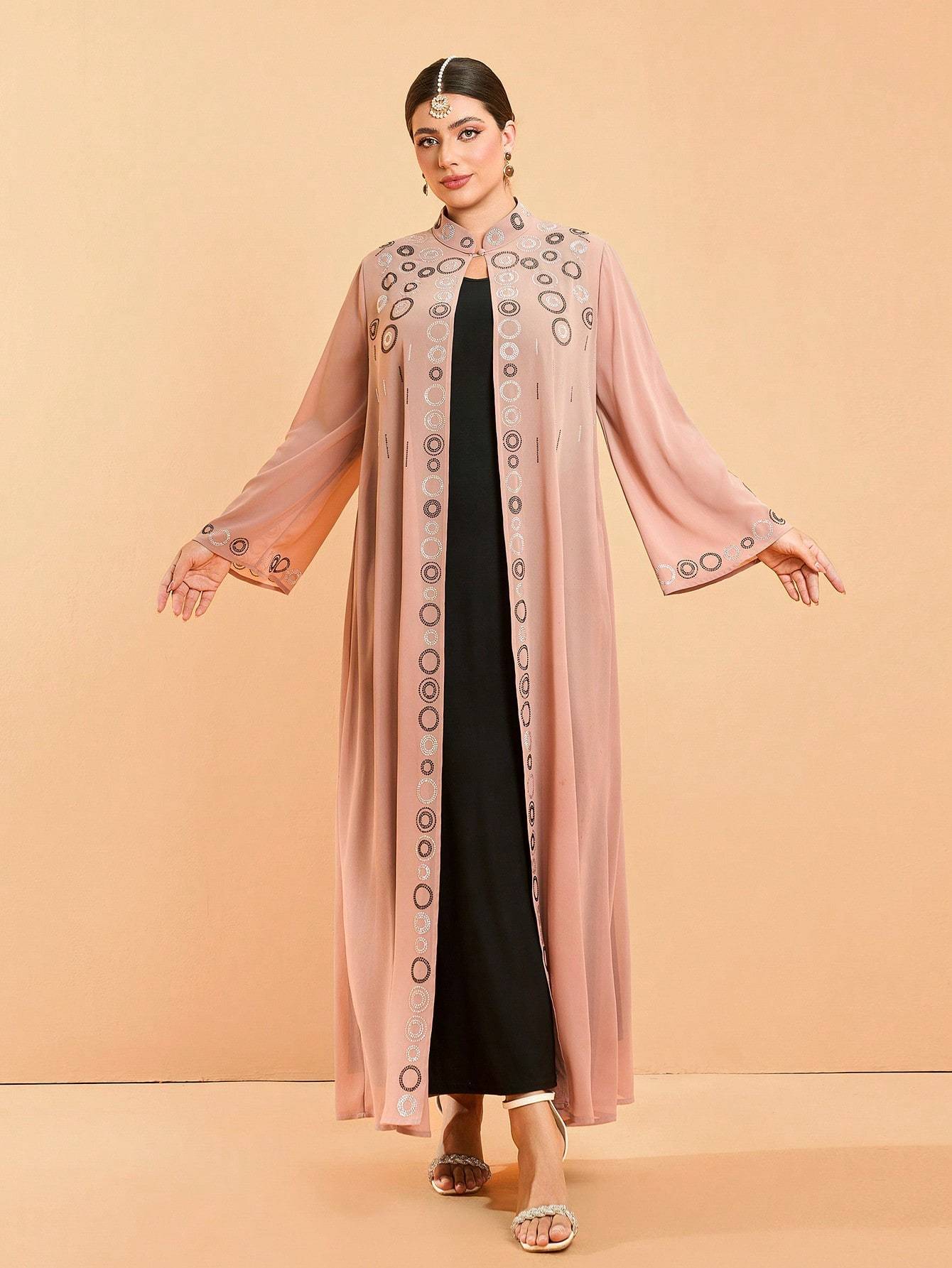 Leely Plus Middle East Arabic Muslim Turkish Abaya | Women's Loose Long Sleeve Stand Collar Hot-Fix Rhinestone Cardigan Robe