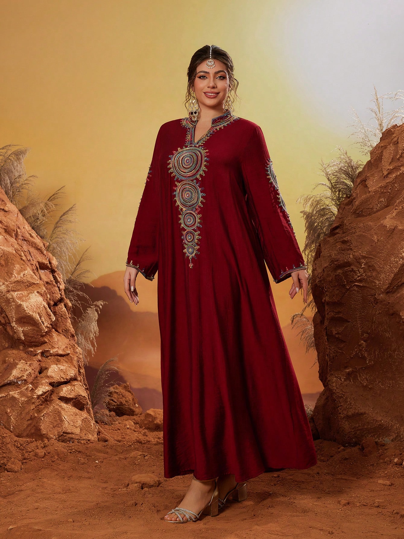 Leely Plus Middle East Arabic Muslim Abaya Women's Loose Long Sleeve Notched Embroidery Maxi Dress